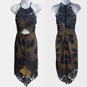 L'Atiste Front Cutout Lace Overlay Midi Dress Women's Size S Blue Cream Halter